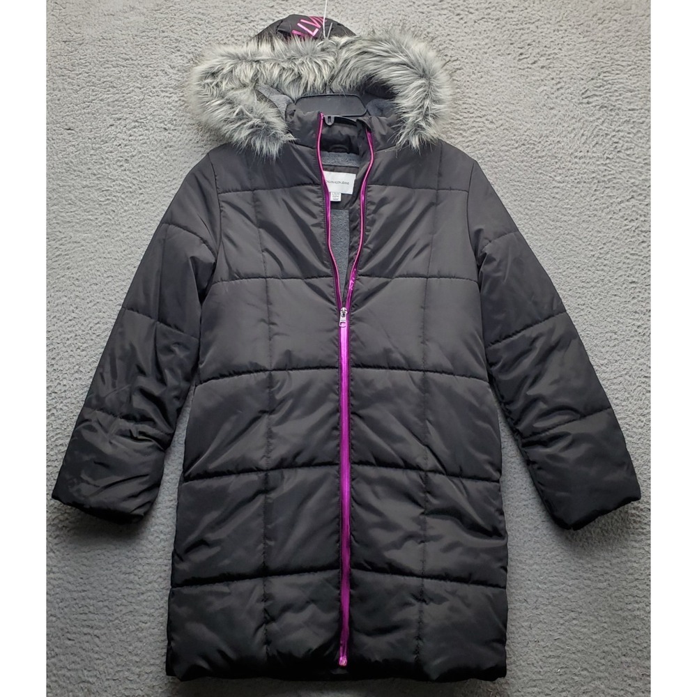 Calvin Klein Puffer Jacket Youth L Black Fleece Lined Waterproof Faux Fur Collar